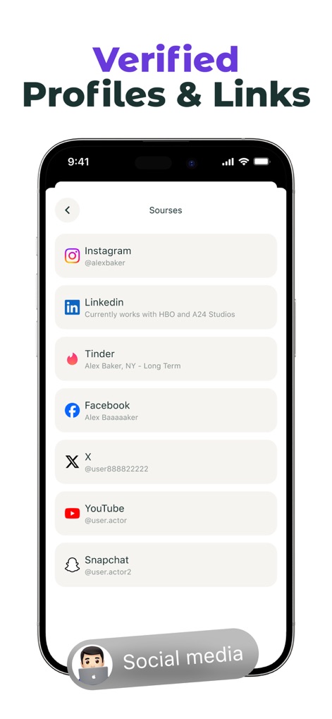DeepSearch: AI Search Engine - This view displays an extensive list of connected social media profiles, from Instagram to X, ensuring users can verify information across multiple platforms.