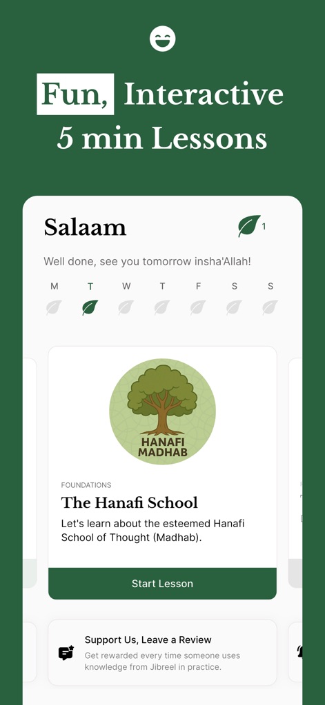Jibreel: Learn Islam App - Die Ansicht zeigt eine abgeschlossene Lektion mit dem Fortschrittsbalken in Form von Blättern und einen klaren CTA zum Starten neuer, kurzer Lerneinheiten.