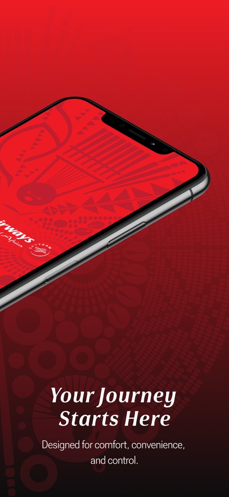 Kenya Airways - Cet écran de démarrage met en évidence les bénéfices clés avec son texte incitatif et le motif graphique stylisé en arrière-plan qui renforce l'identité de la marque.