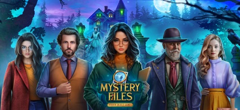 Mystery Files: Hidden Objects - The app's captivating title screen introduces a diverse cast of characters and a gothic mansion backdrop, inviting users into a world of intrigue and hidden secrets.