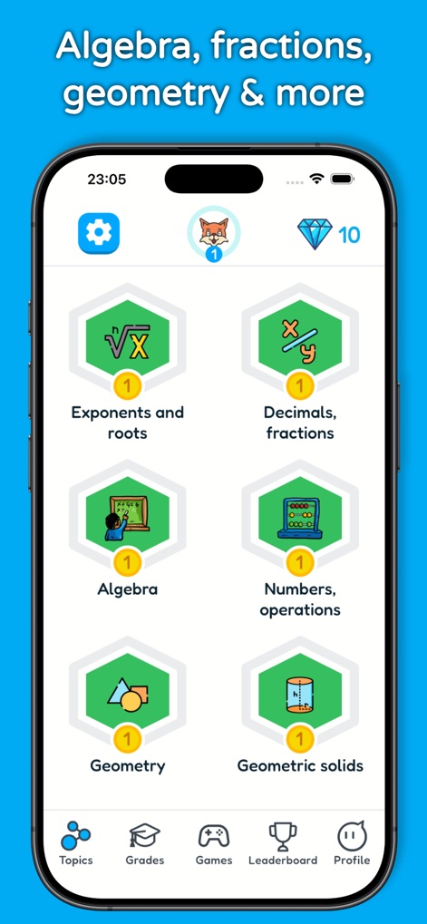 1st - 12th Grade Math Problems - The app showcases a comprehensive array of math topics presented in engaging hexagonal icons and displays a user's progress with a visible diamond rewards system.