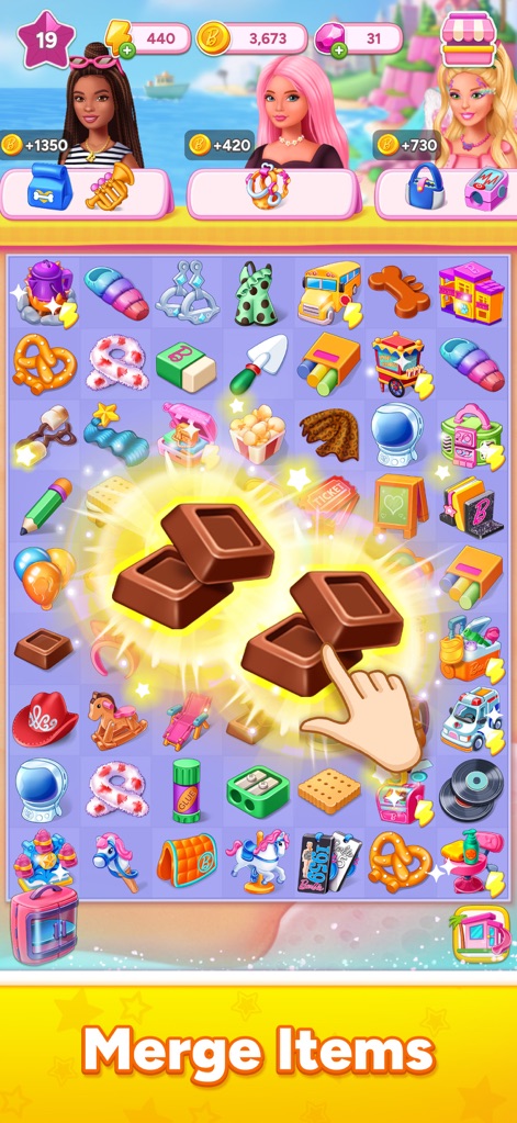 Barbie™ Merge Mystery - Engage with the core merge gameplay, combining iconic Barbie-themed items such as fashion accessories and delicious chocolate bars to complete tasks.
