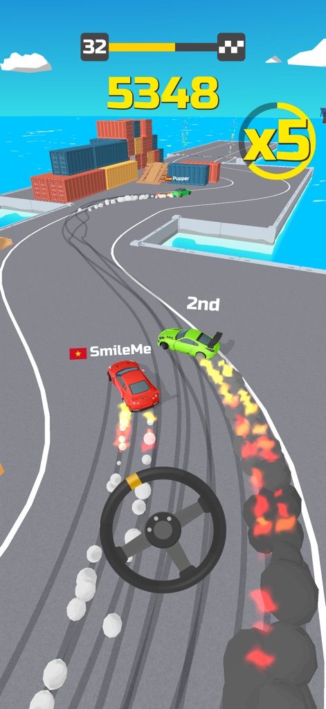 Hyper Drift! - Witness the thrill of competitive racing with cars battling closely on the track, leaving impressive smoke trails and tire marks.