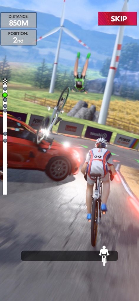 Road Cycling: World Tour Race - Experience the high-stakes of racing with a dramatic crash sequence and dynamic environmental elements like wind turbines.