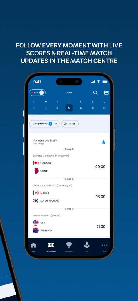 FIFA Official App - Users can access the comprehensive "Match Centre" to track live scores and view detailed schedules with country flags and match times.