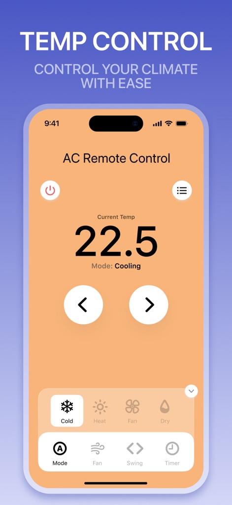 Universal AC Remote Control . - Users can fine-tune the room temperature using precise numerical adjustments and effortlessly switch between various climate modes via clearly labeled buttons at the bottom of the interface.