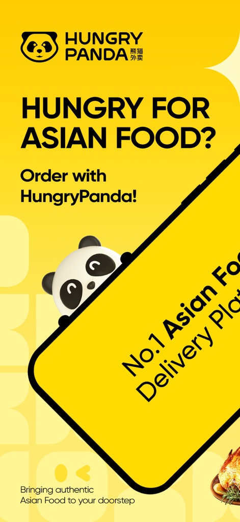 HungryPanda熊猫外卖 - La schermata introduce l'app come la "No.1 Asian Food Delivery Platform", promettendo un'ampia selezione culinaria e mostrando un simpatico "panda mascot" che emerge dallo schermo.