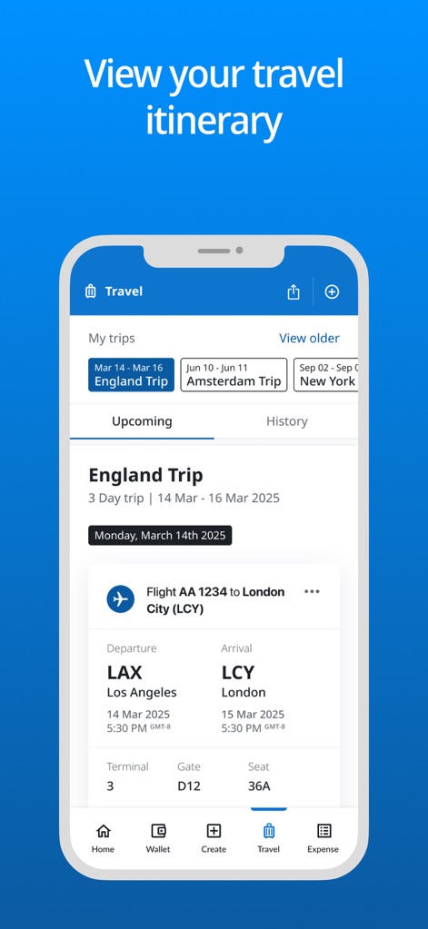 Emburse Enterprise - See how the app provides a comprehensive "Travel" hub, displaying detailed itinerary information such as "Departure" and "Arrival" times, alongside critical details like "Gate" and "Seat" numbers for upcoming journeys.