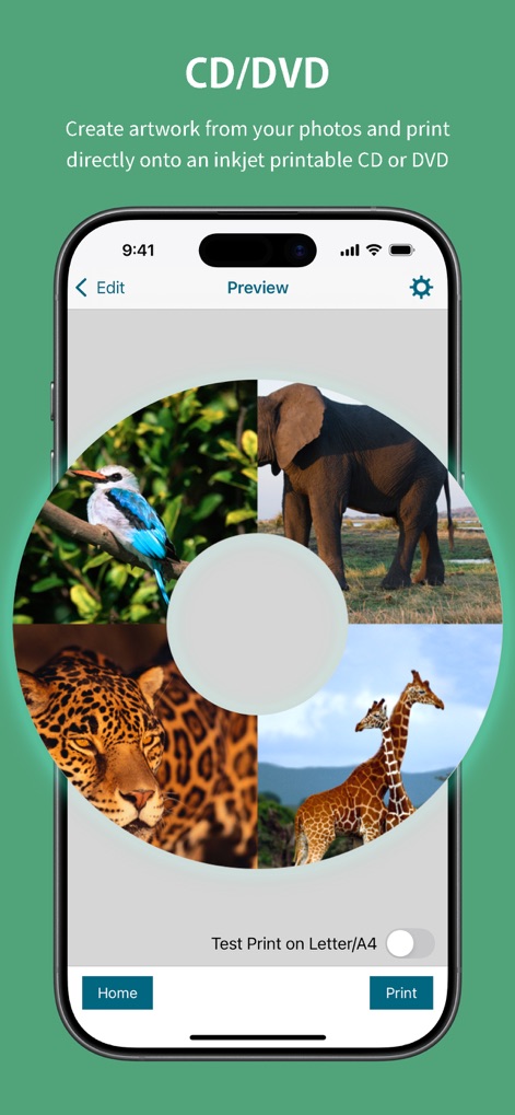 Epson Creative Print - Questo strumento permette agli utenti di creare etichette personalizzate per CD/DVD, come evidenziato dal layout circolare, integrando facilmente immagini multiple come quelle di animali nella composizione finale.