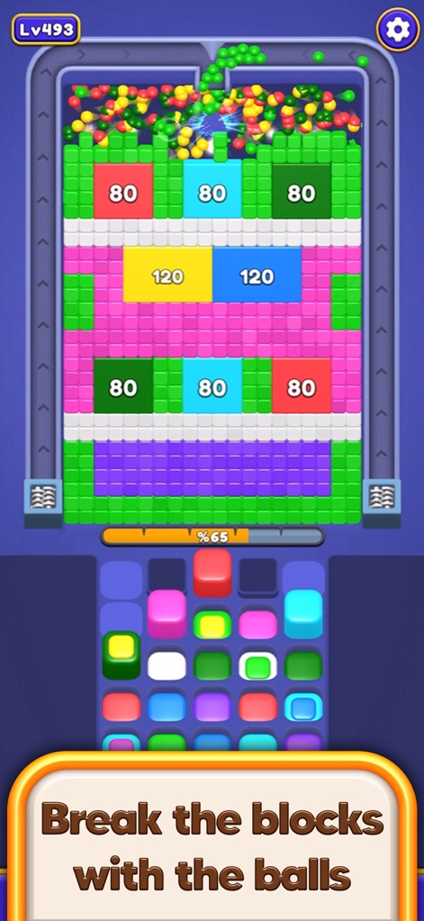 Bounce Blast 3D - Unleash chaotic chain reactions as a cascade of colorful balls demolishes block formations, monitored by the dynamic percentage progress bar.