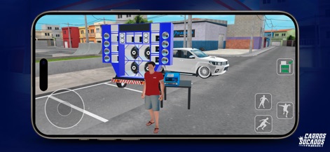Carros Socados Brasil - Esta cena ilustra a impressionante carretinha com paredão de som gigante, totalmente funcional, e a interface de controle de dança para o personagem interagir no ambiente.