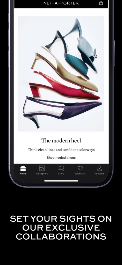 NET-A-PORTER: Luxury Fashion - La aplicación presenta una impactante galería de tacones de diseño bajo el título 'The modern heel', invitando a los usuarios a explorar y 'Shop heeled shoes'.