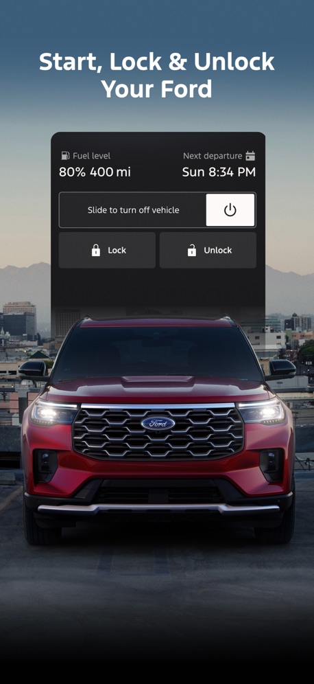 Ford™ App Store screenshot 2, headline “Start, Lock & Unlock Your Ford”. Screen is small.
