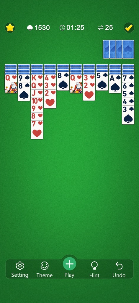 Classic Spider Solitaire Mania - This app presents a clear, uncluttered card layout with distinct card suits, ensuring an easy-to-read and engaging solitaire experience for every player.