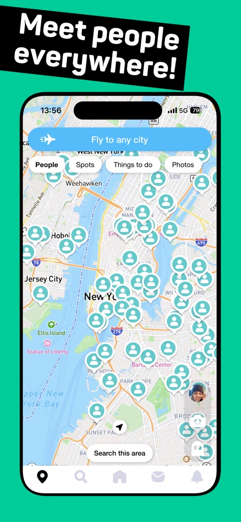 Buzz - Make friends - The interactive map displays numerous user pins across a chosen city, allowing users to discover others nearby or utilize the 'Fly to any city' feature for global exploration.