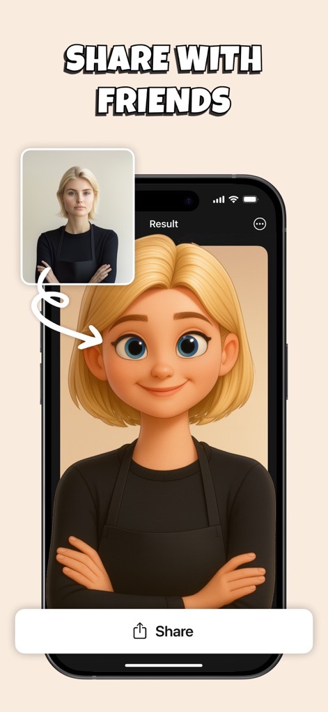 Pika Art - AI Video Effects - O aplicativo facilita a personalização de avatares com transformações criativas, como a mulher original em um desenho animado, permitindo o compartilhamento fácil nas redes sociais diretamente da interface.