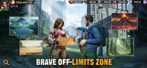 Doomsday: Last Survivors - Dois sobreviventes analisam um mapa detalhado com diversas paisagens, indicando a exploração de biomas variados e a presença de pontos de interesse como montanhas e florestas.