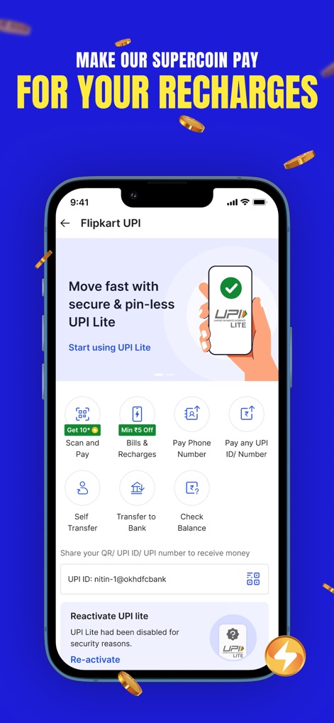 Flipkart - Online Shopping App - Die App demonstriert die einfache und sichere Nutzung von "Flipkart UPI" für schnelle Transaktionen, einschließlich des Scannens zum Bezahlen und der bequemen Abwicklung von "Bills & Recharges".