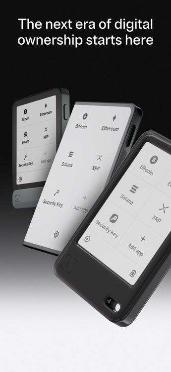 Three Ledger Flex hardware wallets showing e-ink touchscreens with bitcoin, ethereum, solana, and XRP app tiles