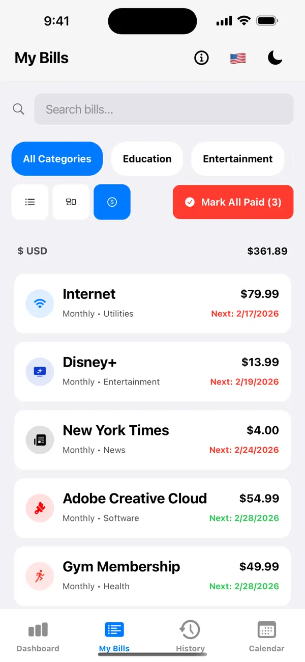 #2. Bills & Subscriptions Tracker (iOS) Podle: Felipe Vieira
