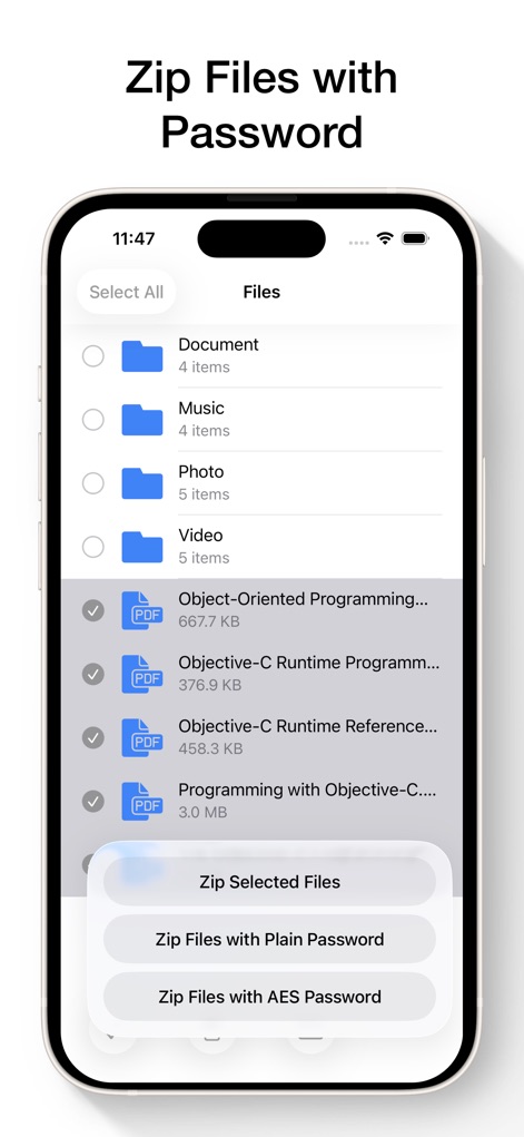Zip & RAR File Extractor - L'app consente di creare archivi ZIP protetti da password, offrendo opzioni avanzate come la "Crittografia AES" per garantire la massima sicurezza dei dati selezionati tramite le "caselle di spunta".
