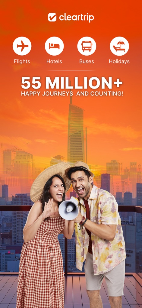 Cleartrip Flights, Hotels, Bus - 이 앱은 항공편, 호텔, 버스, 휴가 등 다양한 여행 카테고리를 한눈에 보여주며, 5천 5백만 이상의 성공적인 여정을 자랑하는 강력한 사용자 기반을 시각적으로 강조합니다.