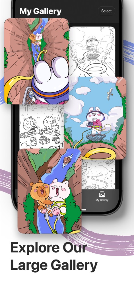 Infinity Coloring Book: Infini - L'application présente une vaste galerie d'illustrations douillettes, allant des animaux adorables aux intérieurs chaleureux, encourageant la découverte de nouvelles scènes créatives.