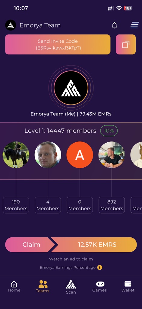 Emorya - ユーザーは、独自の「招待コード」を共有してチームメンバーを増やし、「チームメンバーの構成とレベル」を視覚的に確認できます。