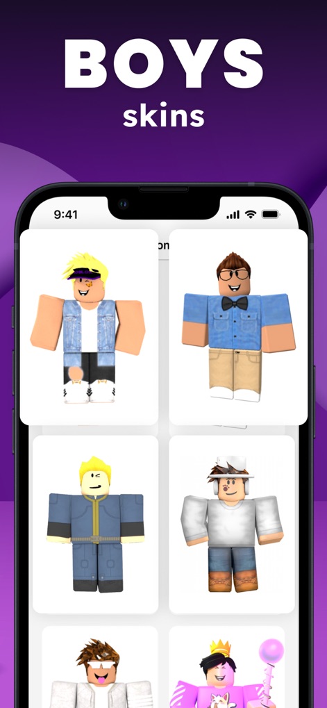 Skins & Avatars Clothes Maker - Explore a curated gallery of "boys skins," featuring diverse character styles and a clear grid layout for selection.