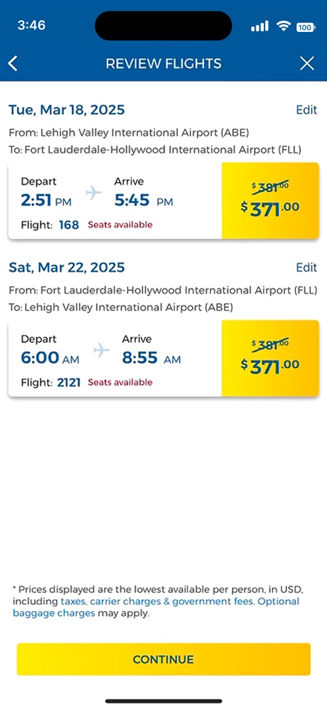 Allegiant - Users can easily review flight options, comparing "departure and arrival times" with clear "pricing information" for their chosen dates.