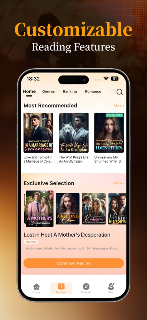BestNovel - Webnovel & Romance - Users can easily explore new reads through dynamic genre categories and curated "Most Recommended" sections.
