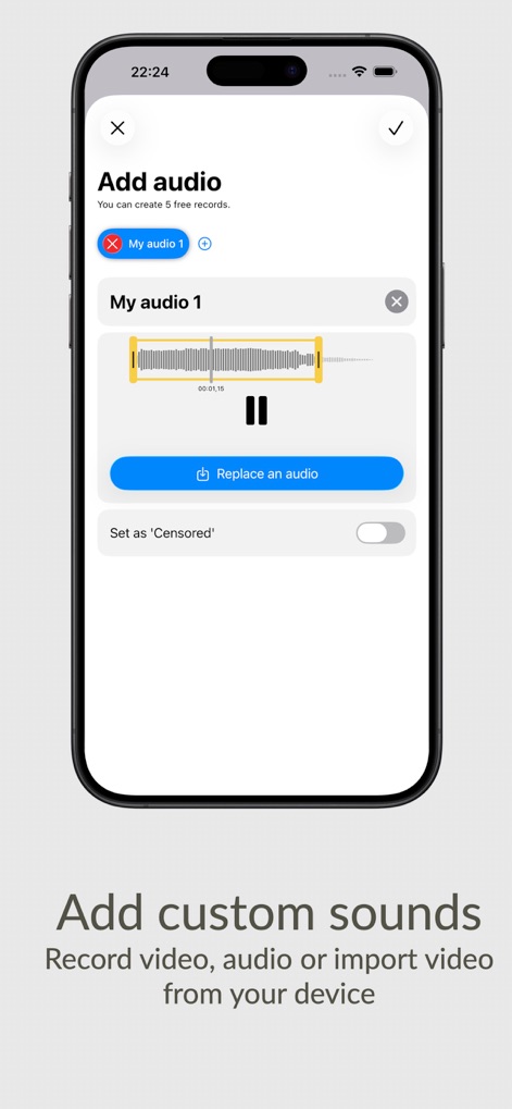 Meme Soundboard 2016-2026 - Grabe o importe sus propios sonidos con la interfaz de 'Add audio', y personalícelos con opciones como la configuración de censura para un control total.