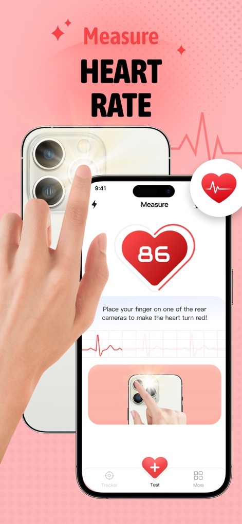 Daily Health-pulse heart track - Die App ermöglicht Nutzern die Messung ihrer Herzfrequenz durch Platzierung des Fingers auf der Kamera, wobei der aktuelle Wert deutlich in einem Herzsymbol angezeigt wird.