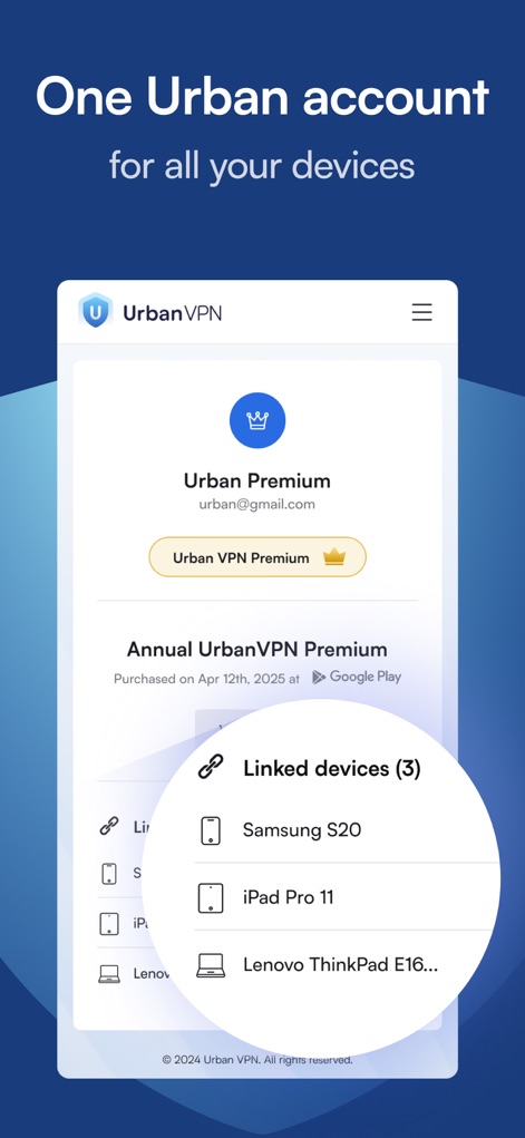 Urban VPN - La gestione dell'account permette di visualizzare i 'Linked devices' come Samsung S20 e iPad Pro, e offre una chiara panoramica dell'abbonamento 'Annual UrbanVPN Premium'.