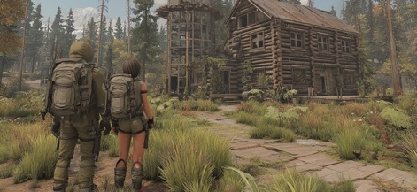 Dead God Land: Survival games - L'application met en scène des survivants lourdement équipés, avec leurs sacs à dos prêts pour l'aventure, face à une cabane en bois robuste et des structures d'extension, symboles de refuge et de progression dans le monde hostile.