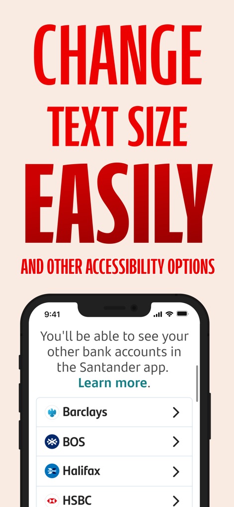 Santander Mobile Banking - Enhance usability with options to integrate other bank accounts and easily adjust text size, catering to diverse user needs for a personalized experience.