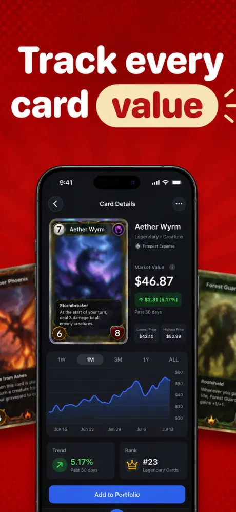 TCG Value Scanner card detail screen with market value trend