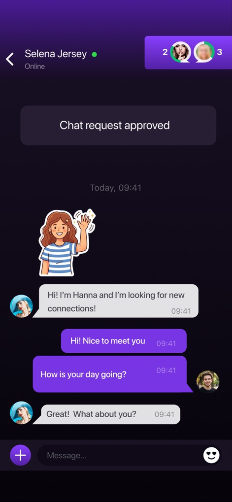 Flirt Chat - Dating Site App - Discover the interactive chat interface, showcasing the use of expressive 'stickers' and the transparent 'Chat request approved' status for controlled conversations.