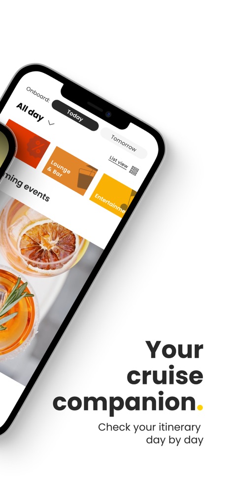 Costa Cruises - Nutzer können eine übersichtliche Tagesansicht der Bordaktivitäten einsehen und diese nach Kategorien wie 'Lounge & Bar' oder 'Entertainment' filtern.