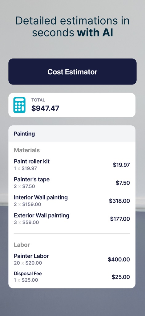 SimplyWise: Cost Estimator - This tool provides a detailed breakdown of costs, showing specific material line items and clear labor charges, all generated efficiently by AI.