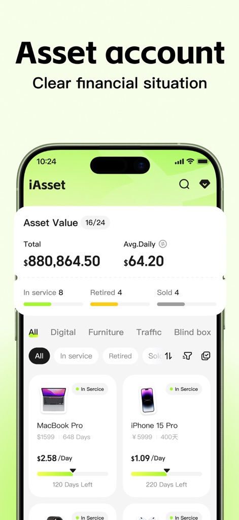 iAsset: Money Manager - La aplicación ofrece una vista clara de la cuenta de activos del usuario, mostrando el valor total y las categorías personalizables, junto con un listado detallado de cada artículo con su costo diario.