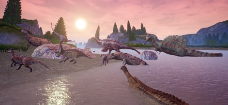 The Cursed Dinosaur Isle Games - Explore the rich diversity of the prehistoric world, featuring both aquatic predators and various land-dwelling dinosaurs congregating by the water during a picturesque dawn.