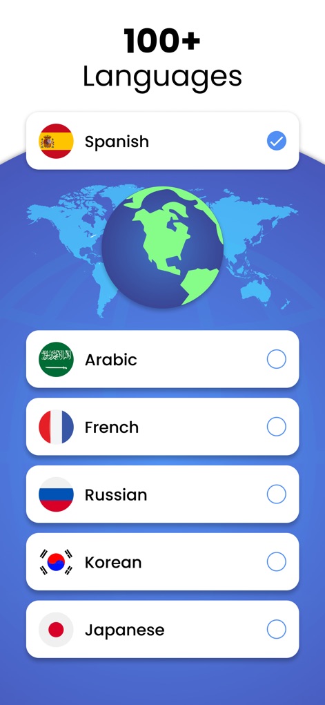 Translate Voice Translator App - The tool provides access to an extensive list of over 100 languages, clearly displayed with flag indicators for easy selection.