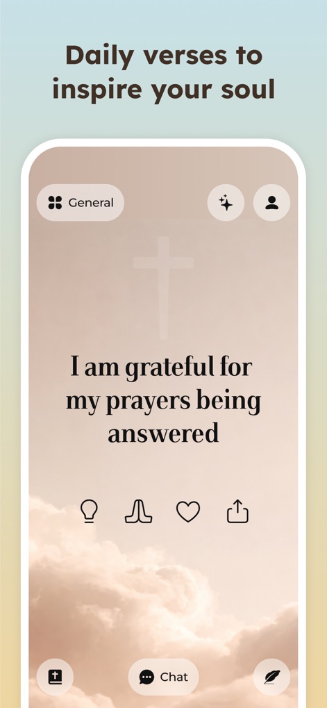 BibleCare:Verses,Prayers&Chat - This app presents a daily inspirational message in a visually appealing format, complete with options for sharing and clear navigation to other core features like Bible and Chat.