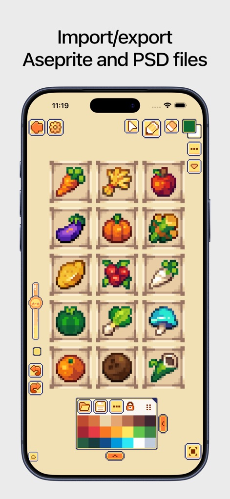 Pixquare - Pixel Art Studio - Die App bietet umfassende Import- und Exportfunktionen für Formate wie Aseprite und PSD, ergänzt durch eine intuitive Farbpalette zur schnellen Farbauswahl für Projekte.