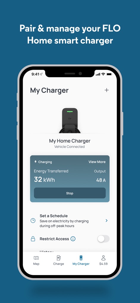 FLO EV Charging - Users can manage their FLO Home smart charger, viewing details such as 'Energy Transferred' and setting options like 'Set a Schedule' for optimized charging.