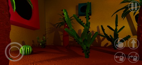 Garten of Banban 0 - Esta cena revela um ambiente com diversas plantas cactáceas e folhagens tropicais, complementado por um chão de areia e um bloco vermelho ao fundo.