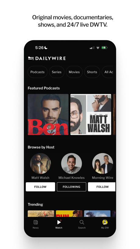 Daily Wire App Store screenshot 2, headline “Original movies, documentaries, shows, and 24/7 live DWTV.”. Uses a number.