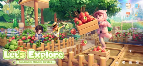 Heartopia - Os usuários podem ver avatares colhendo morangos e o ambiente vibrante de um jardim, destacando a atividade de jardinagem e a vegetação exuberante.