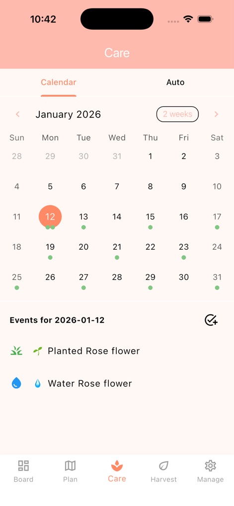 SmartCart：Farm gardening - This tool provides an interactive 'Calendar' for scheduling, displaying key events like 'Planted Rose flower' and 'Water Rose flower' to ensure timely care.